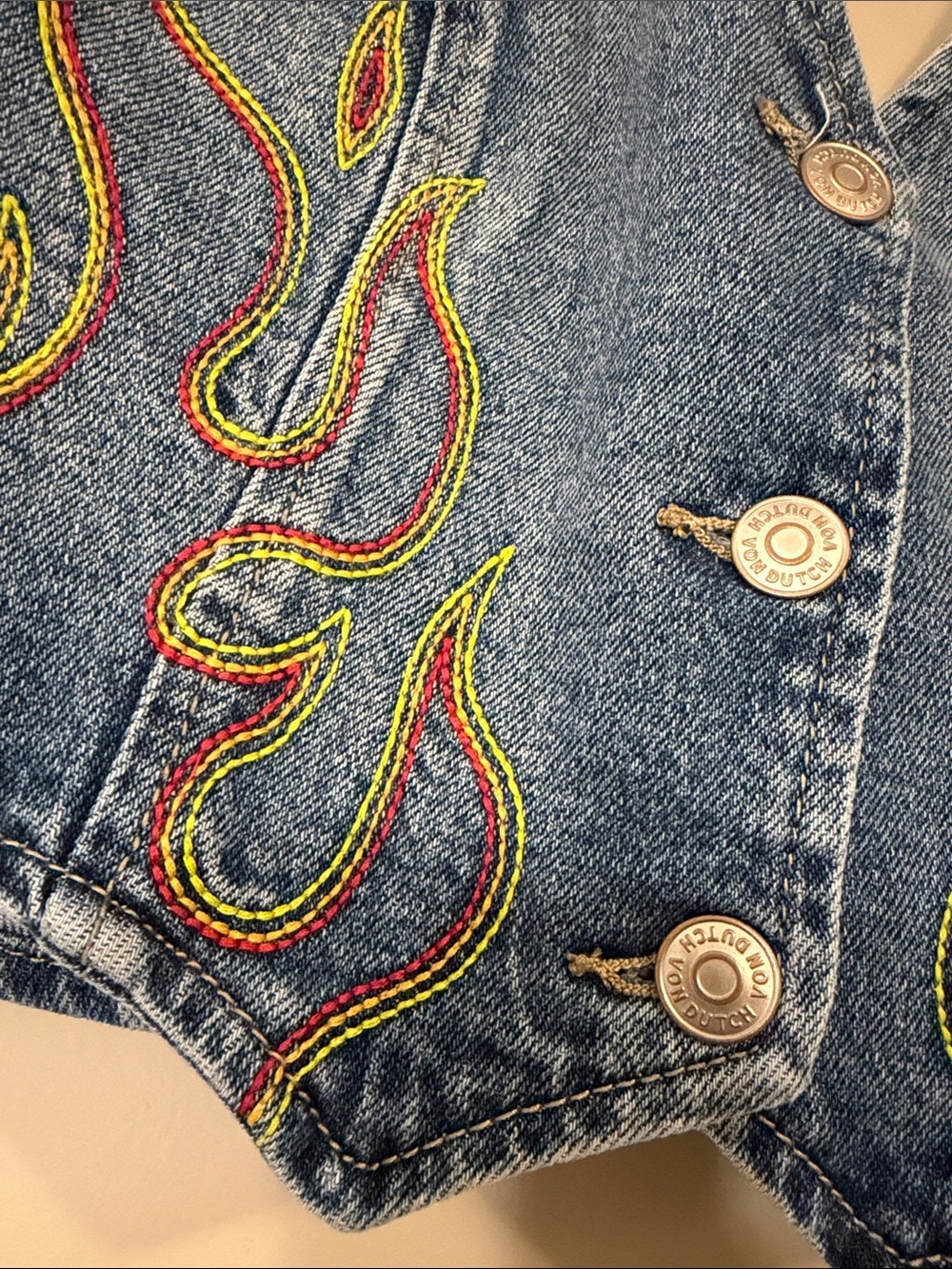Von Dutch Blue Denim Halter Crop Top with Multicolor Flame Embroidery - Picture 3 of 5